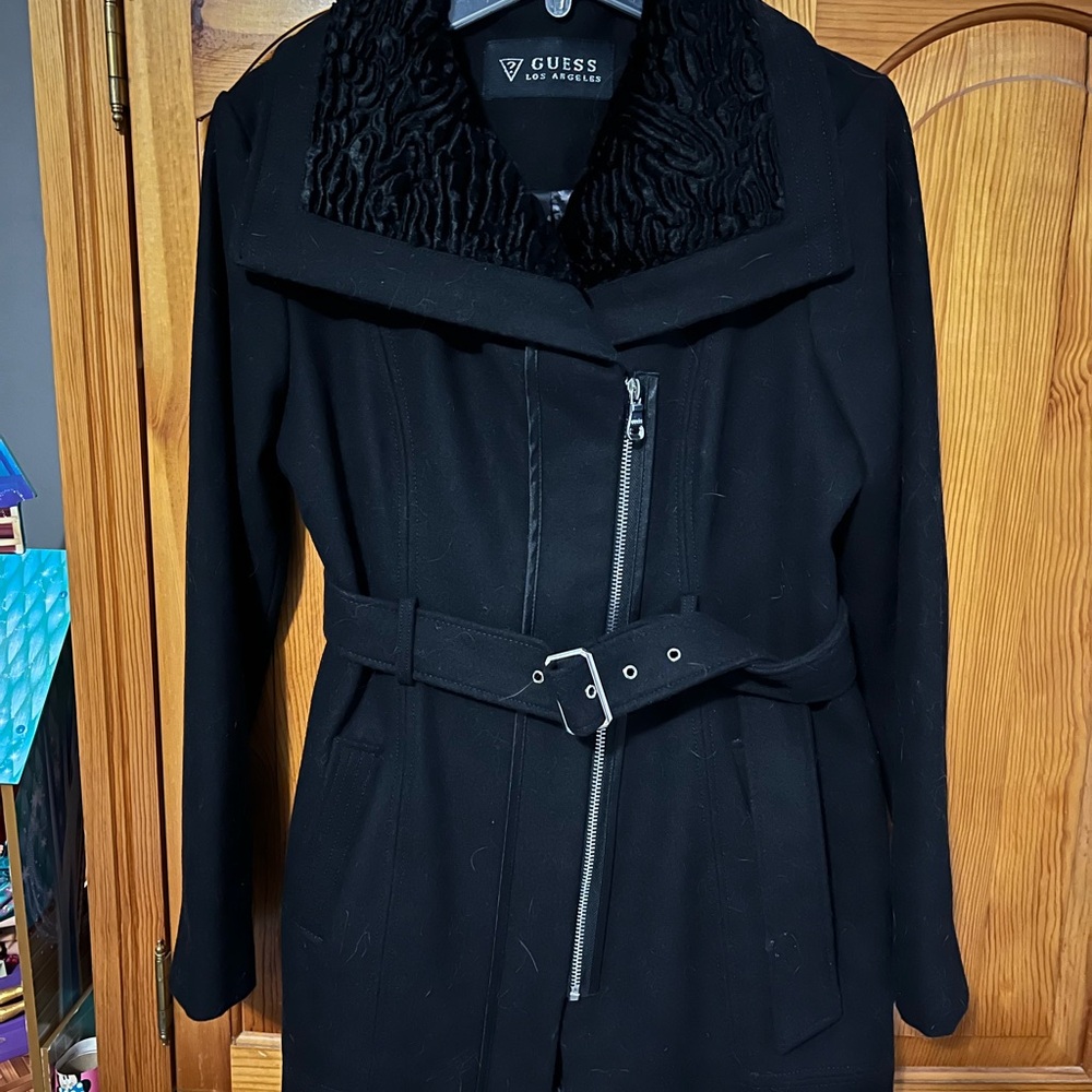 Guess Black Trench Coat with Belt and Asymmetrical Zipper